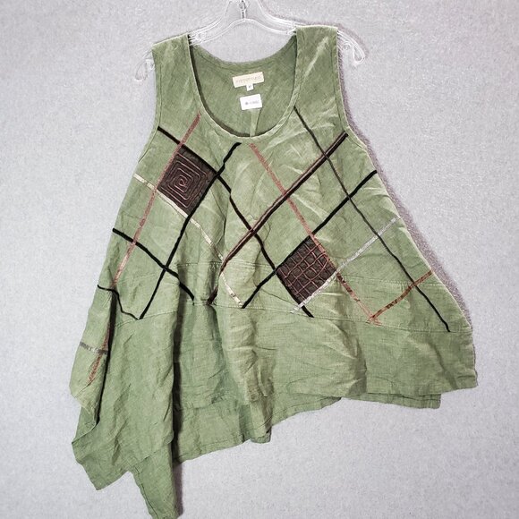 Mara Gibbucci Women Top Medium‎ Green Linen Tank Lagenlook Scoop Neck Tied Back - Picture 1 of 9